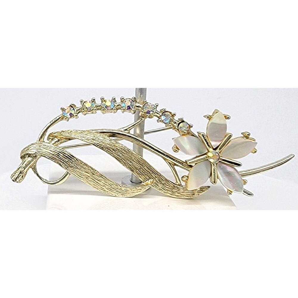 Flower Brooch Pin Mother of Pearl Aurora Borealis Crystals Gold Tone Vintage